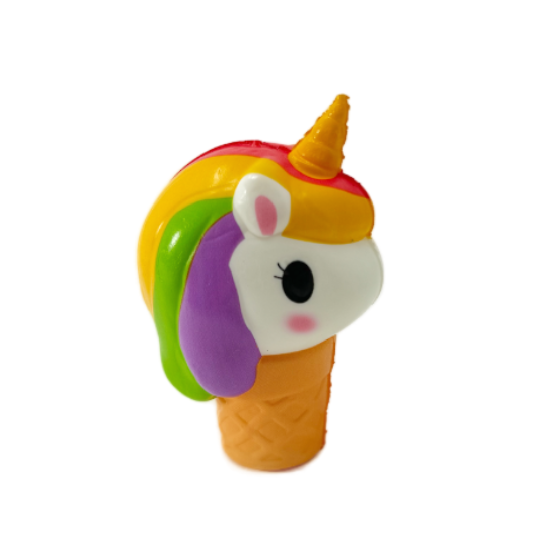 A rainbow toy unicorn with an ice cream cone body.