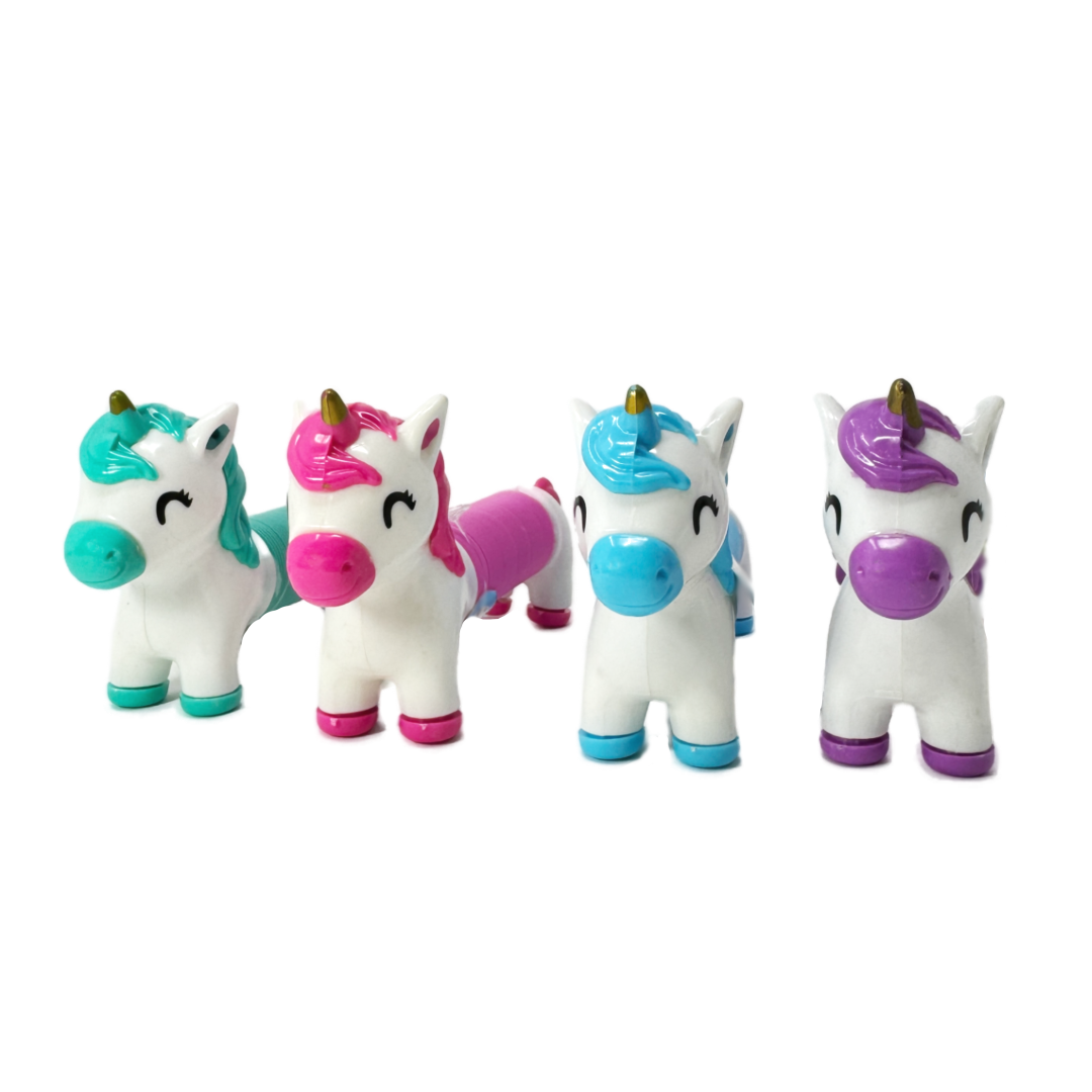 Four colorful toy unicorn pop tube fidgets