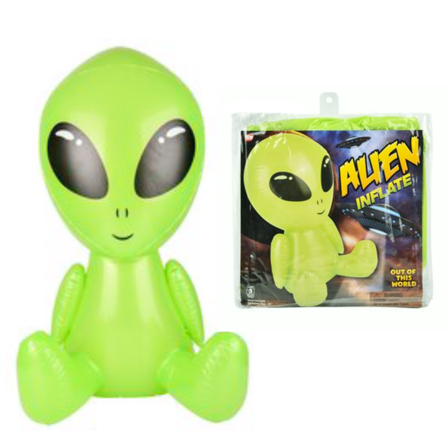 An inflated green alien toy with large eyes sitting next to the deflated version in the packaging.