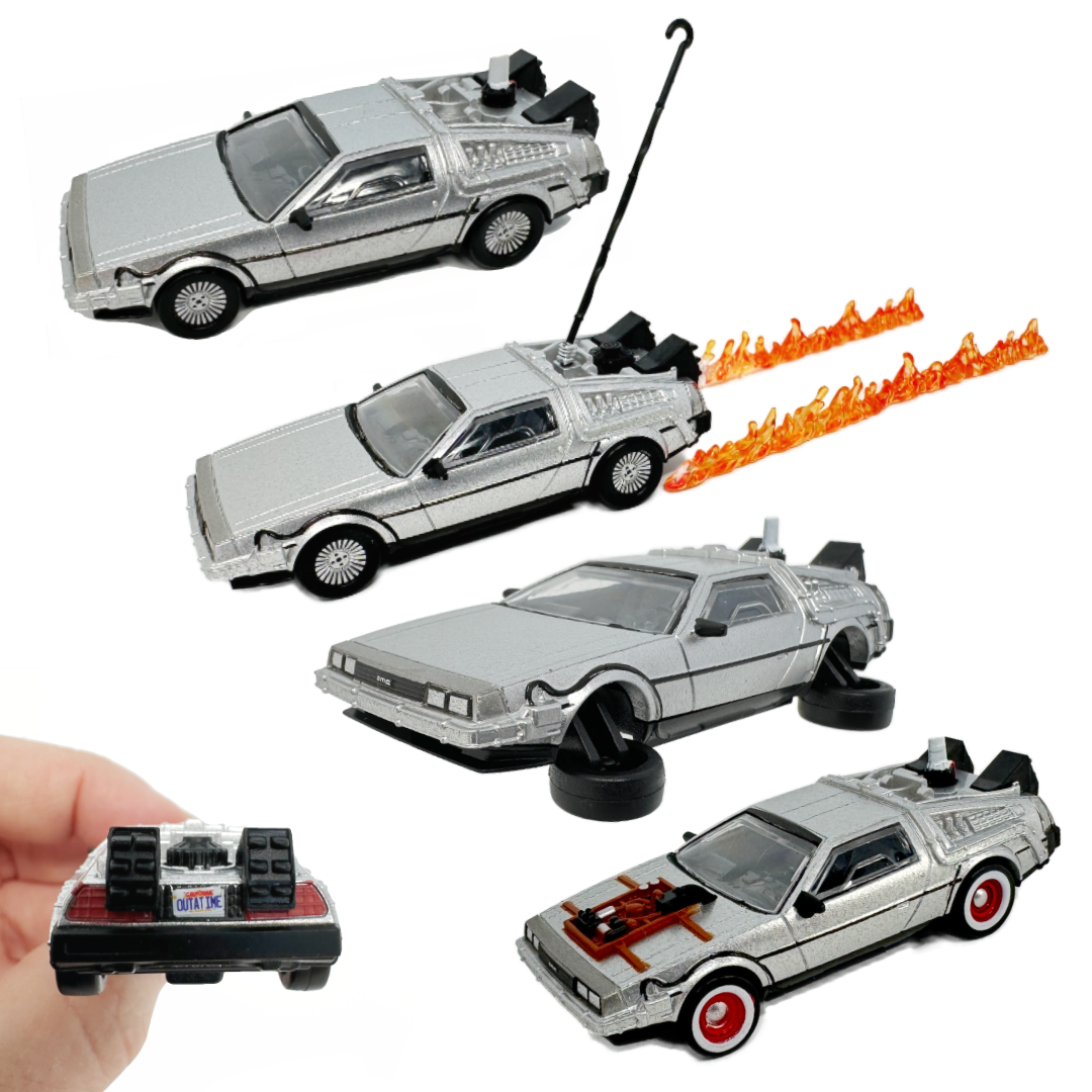 Four toy versions of the DeLorean Time Machine from Back to the Future