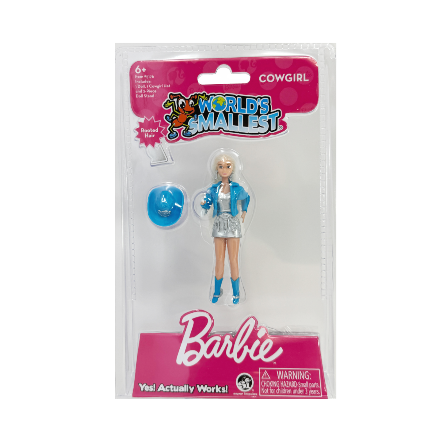 World's Smallest Cowgirl Barbie in the packaging wearing that iconic 90s metallic and blue look inspired by Western Stamping Barbie