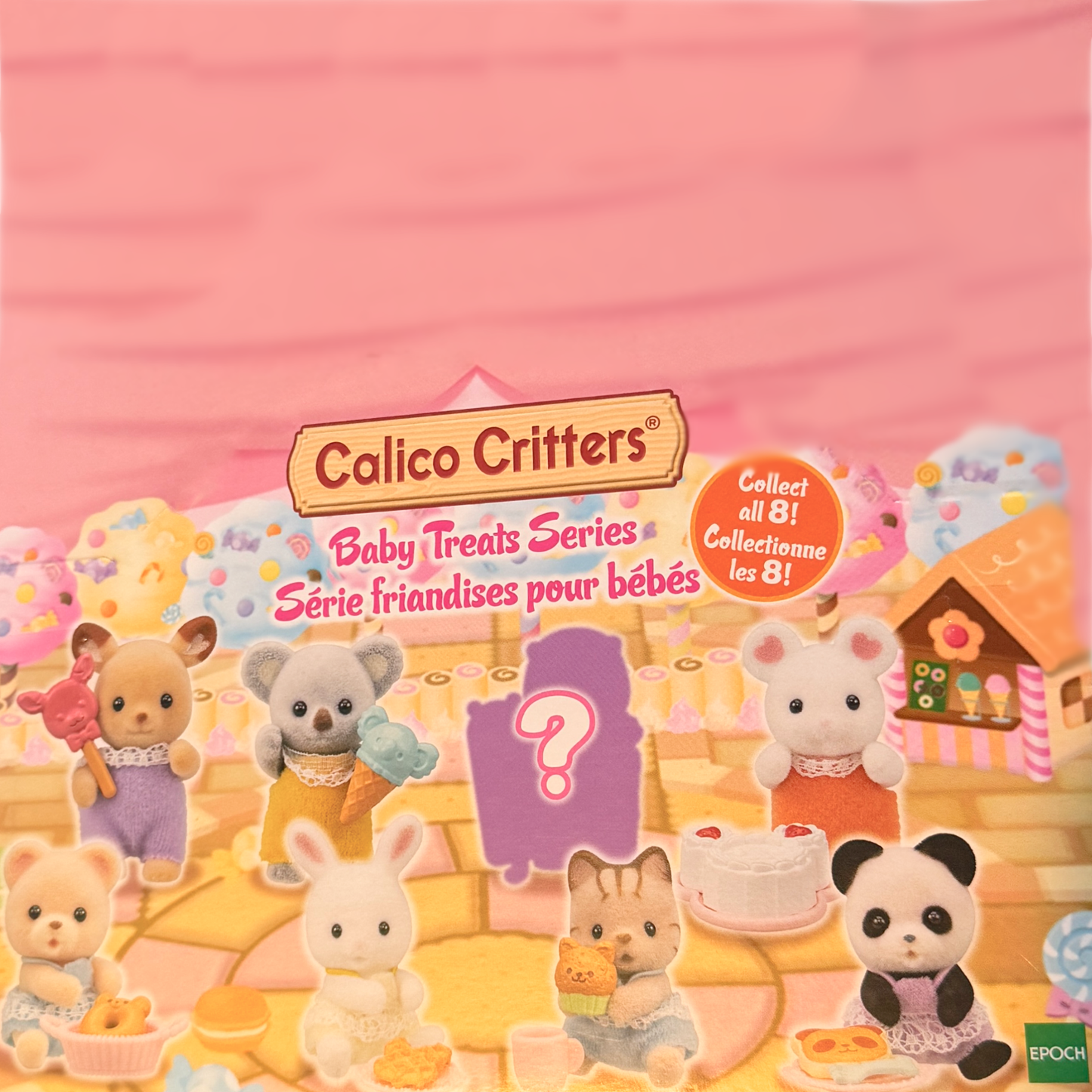 7 Sylvanian Calico Critter Babies are shown with their sweet treats, a mystery figure is represented by a question mark and a shadow.