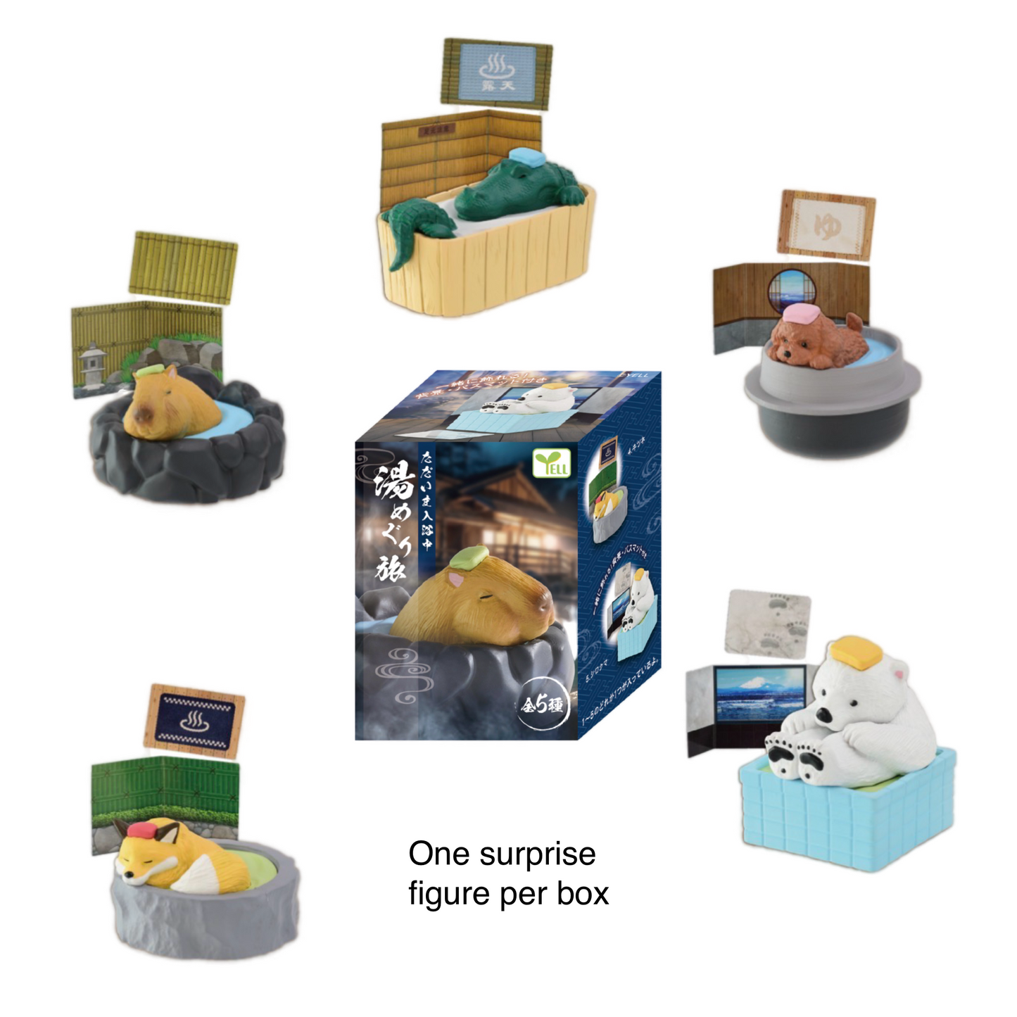 Collection of small animal figurines relaxing in a hot tub and a Japanese Blind Box.