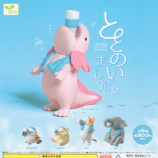 Animals in this series include elephant, axolotl, cat, hamster, and a shima enaga bird. In Japan it is a tradition to have a nice cold milk or beverage after a dip in the hot springs, called Onsen. 