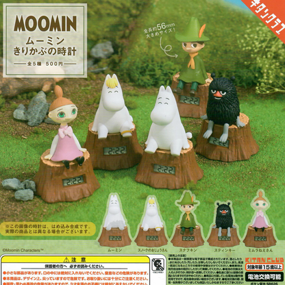 Five small Moomin Figures sitting on stumps in this Capsule Toy Collection from Japan.