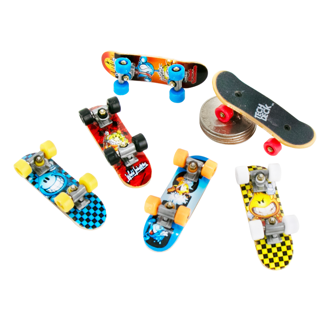 Several cool designs of Tech Deck mini skate boards are shown upside down with real working wheels. One board rests on a stack of quarters.